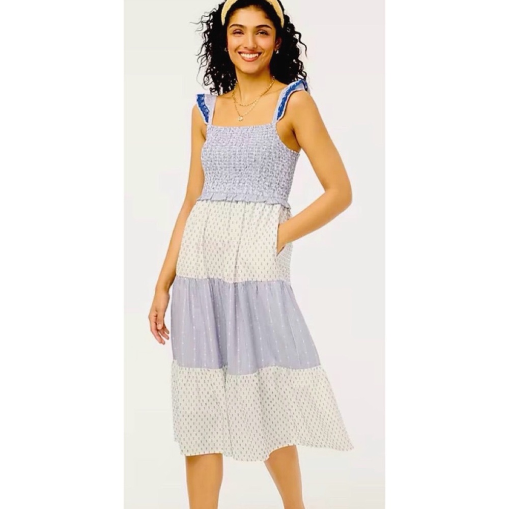 J. Crew White and Blue Smocked Dress